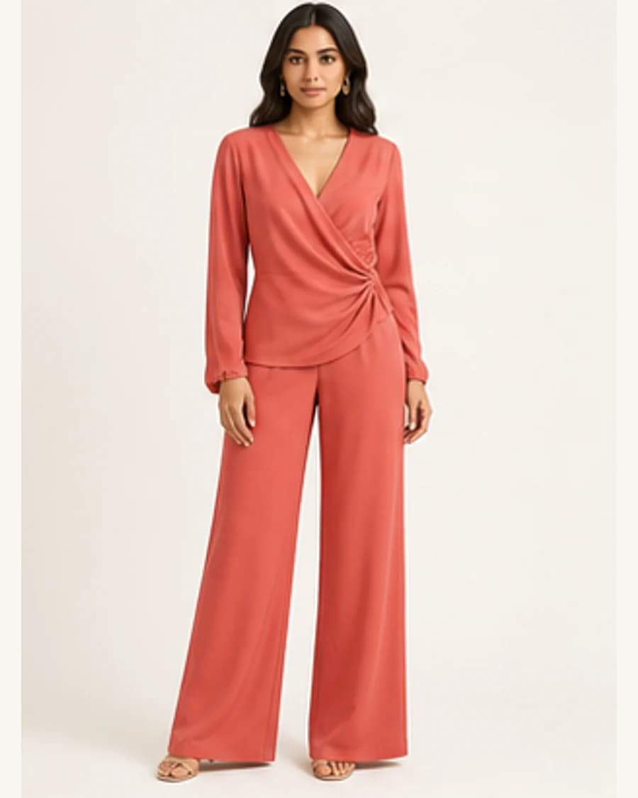 Riviera Drape Co Ord Set: front styling view on an adult Indian model