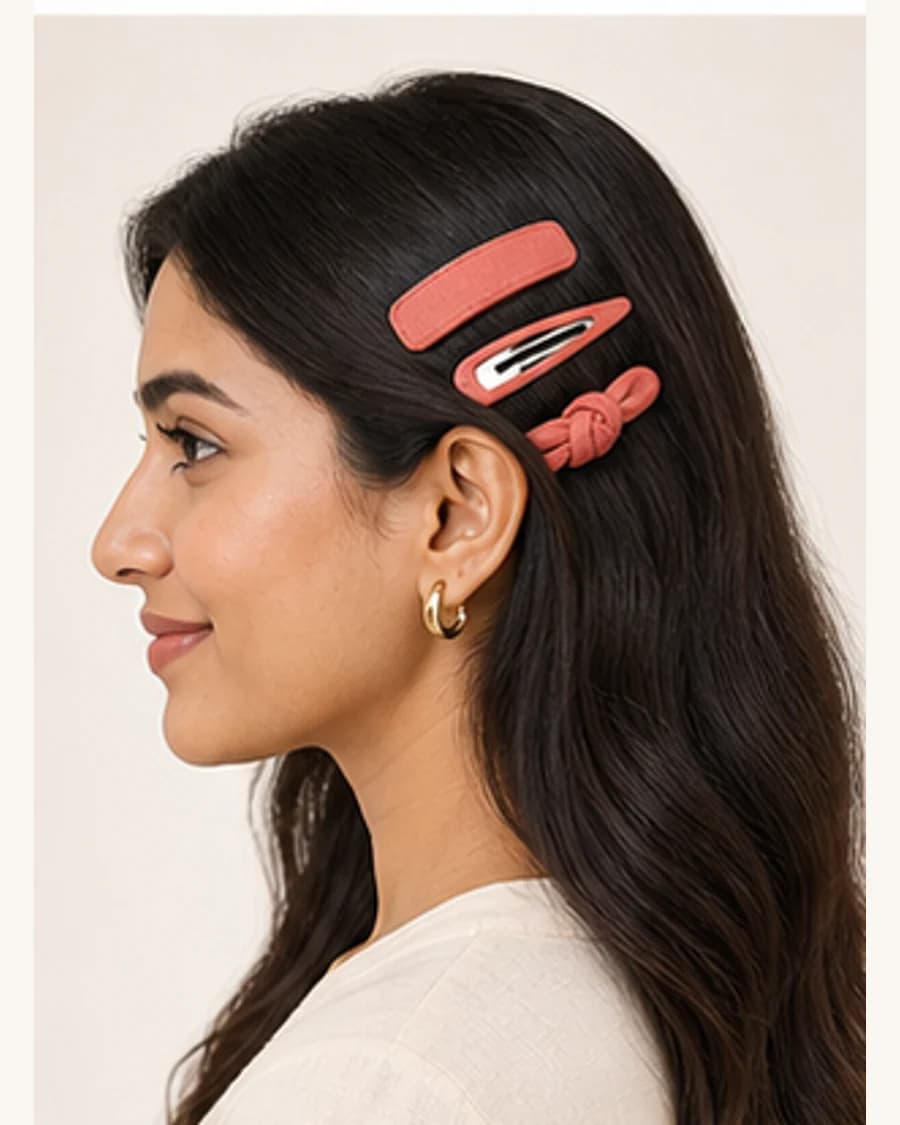 Riviera Hair Clip Set: front styling view on an adult Indian model