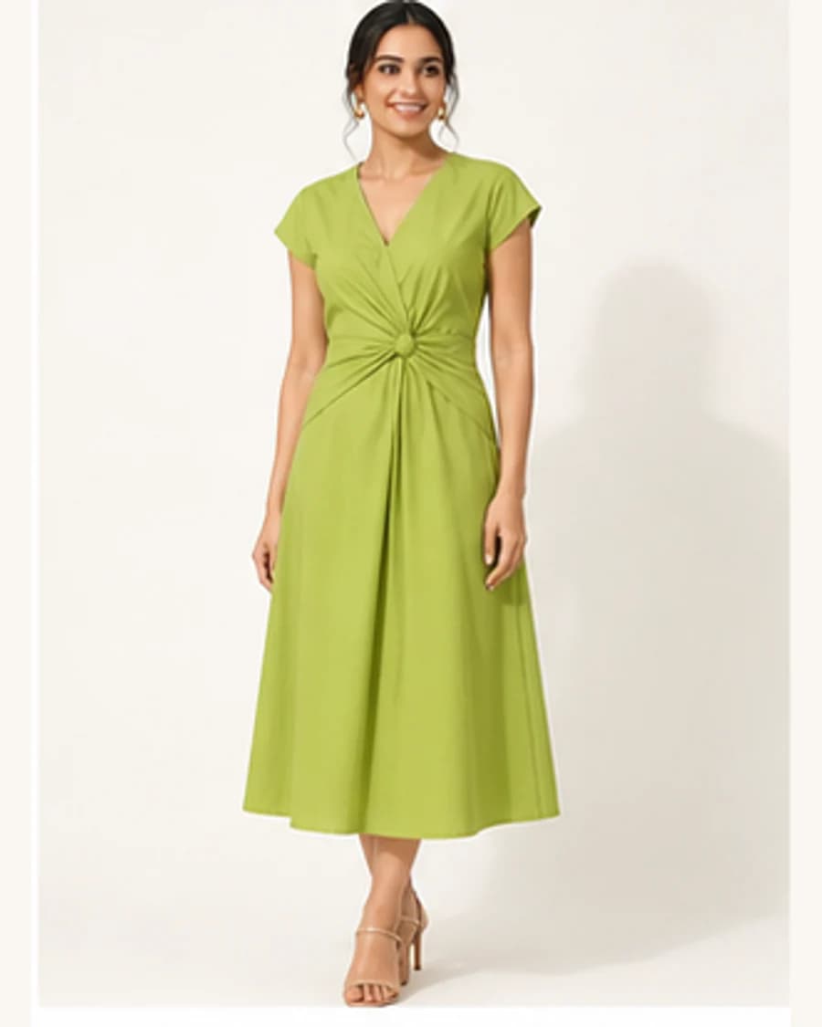 Riviera Knot Front Dress: front styling view on an adult Indian model