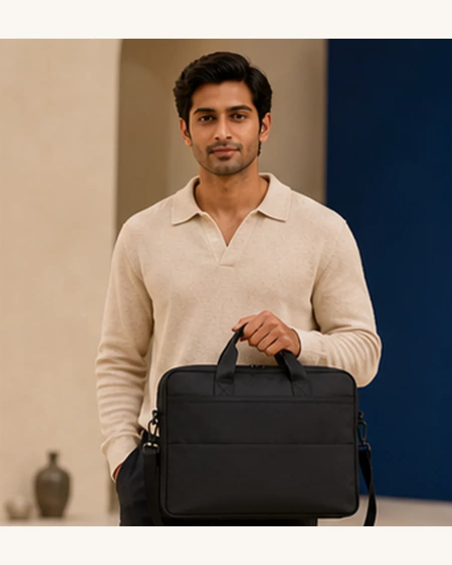 Riviera Laptop Carryall: front styling view on an adult Indian model