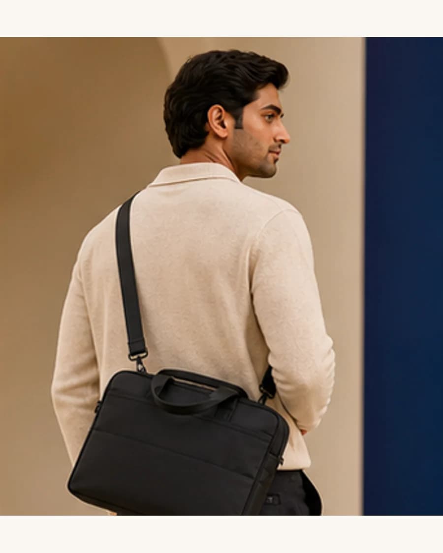 Riviera Laptop Carryall: three-quarter styling view