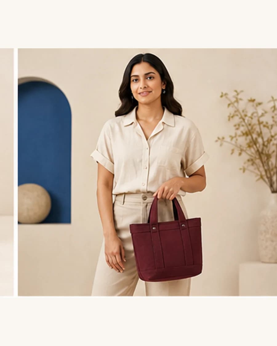 Riviera Mini Tote: front styling view on an adult Indian model