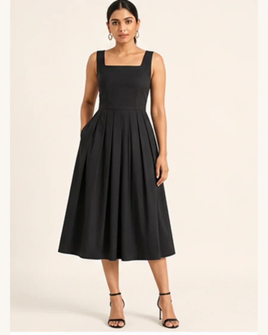 Riviera Pleat Dress: front styling view on an adult Indian model