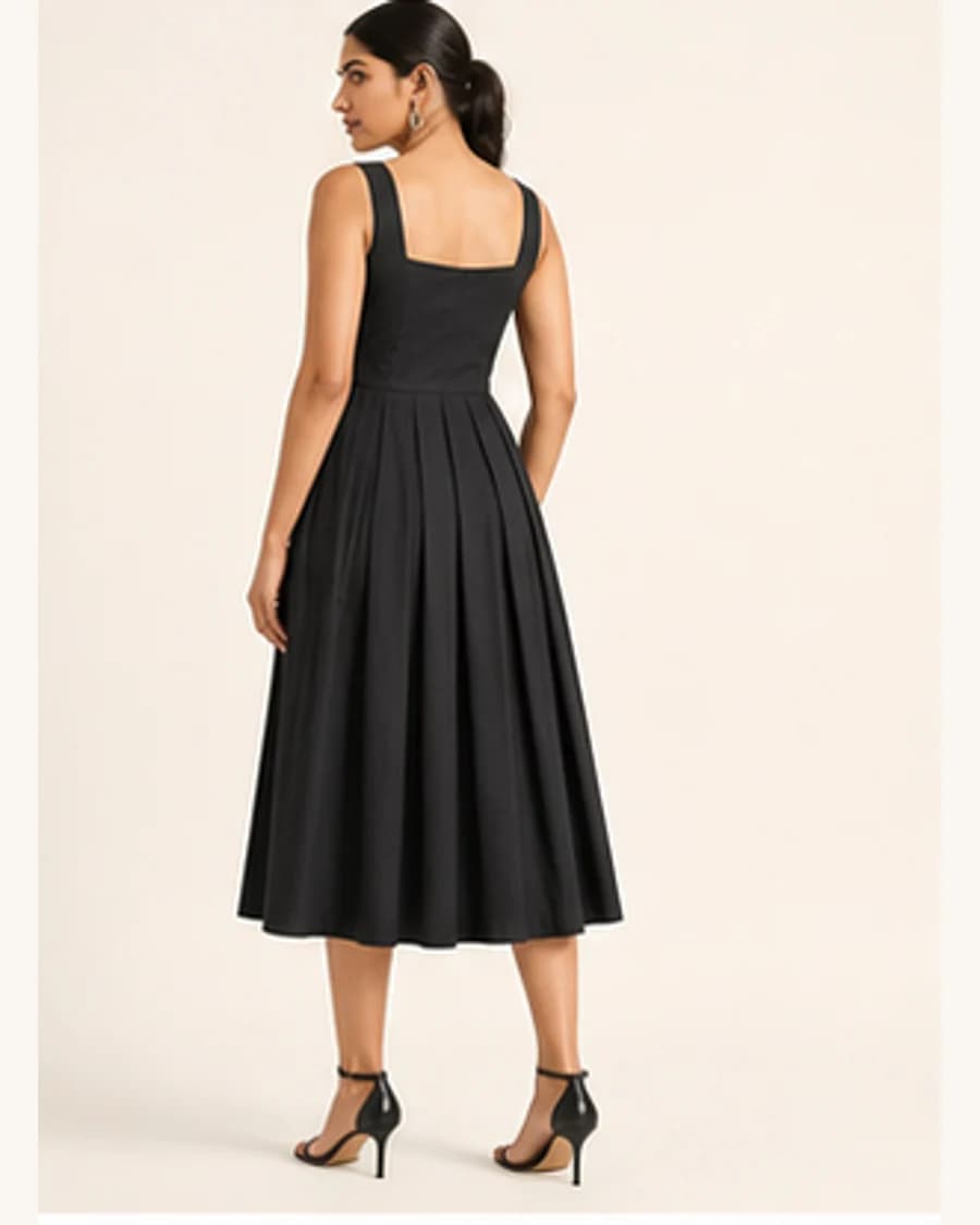 Riviera Pleat Dress: three-quarter styling view
