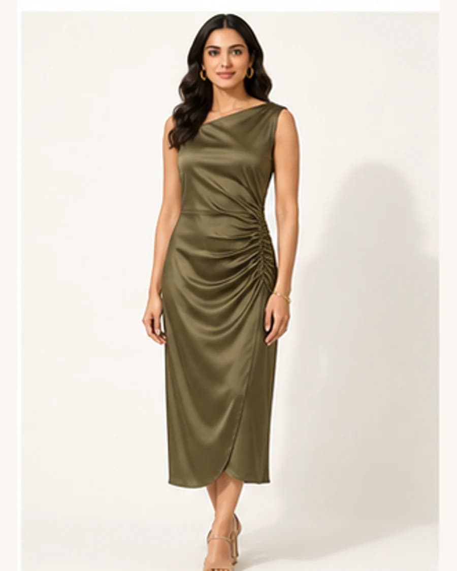 Riviera Ruched Midi Dress: front styling view on an adult Indian model