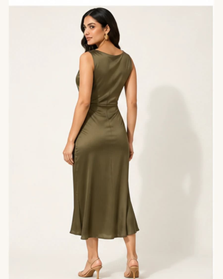 Riviera Ruched Midi Dress: three-quarter styling view