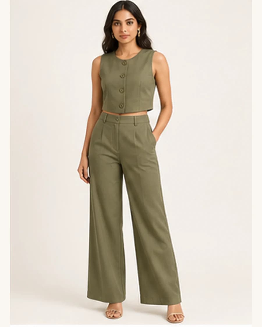 Riviera Tailored Co Ord Set: front styling view on an adult Indian model