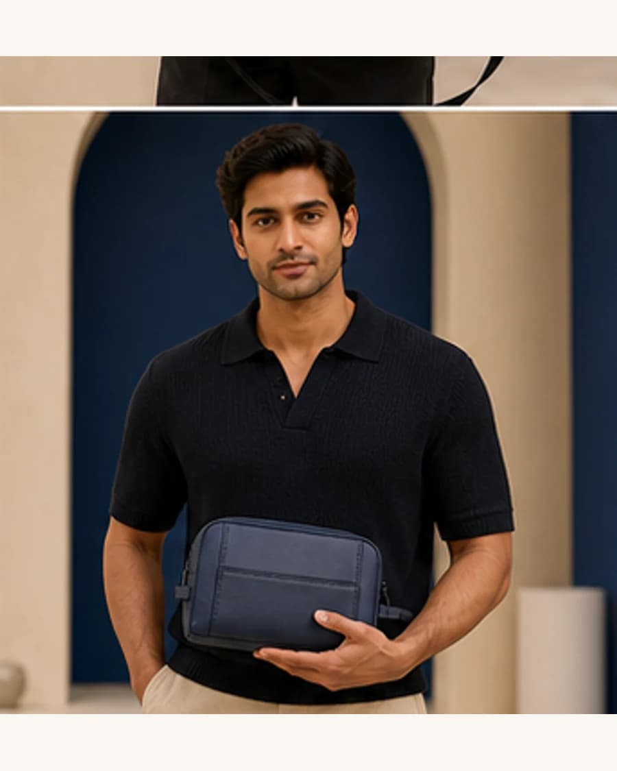 Riviera Travel Pouch: front styling view on an adult Indian model