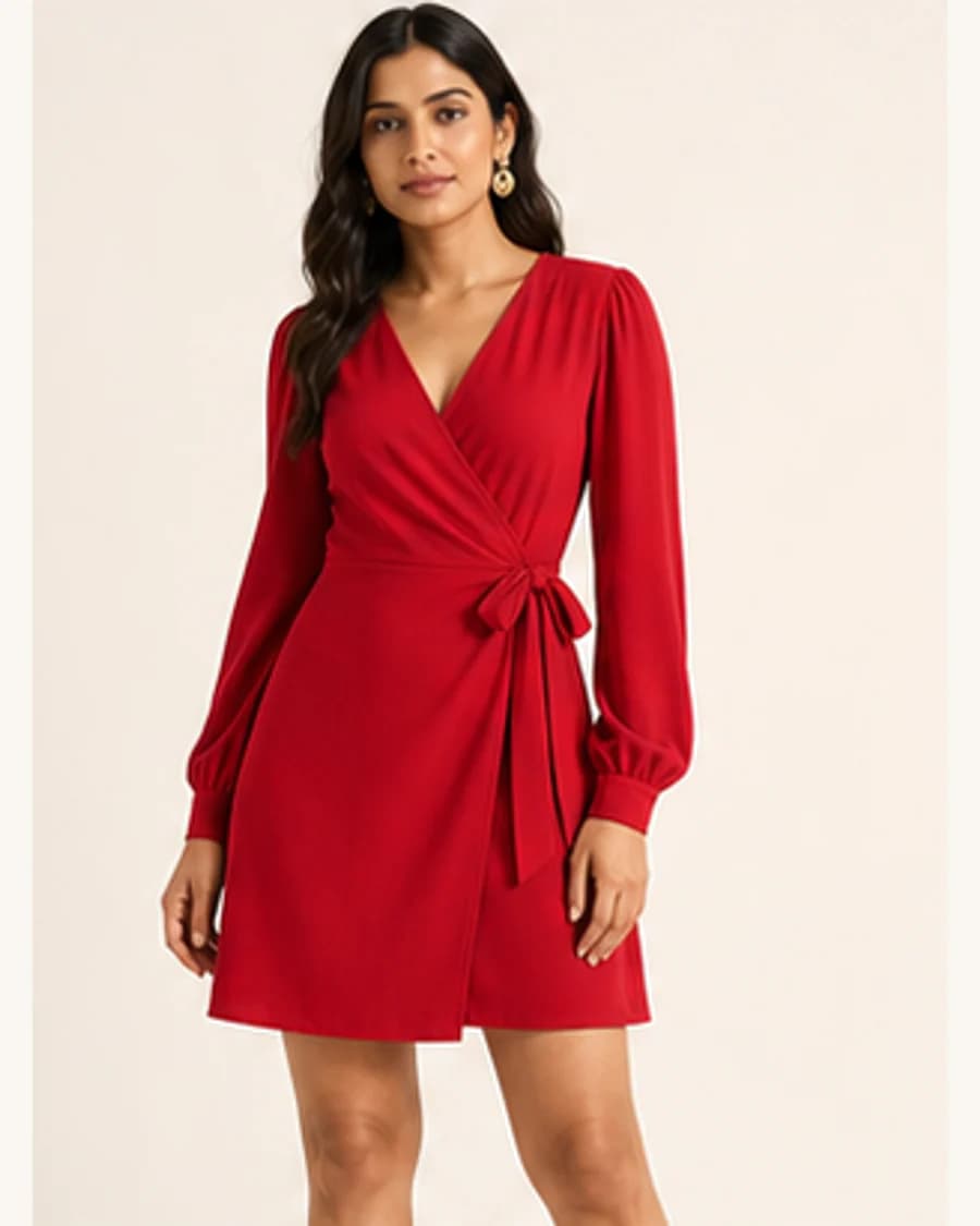 Riviera Wrap Mini Dress: front styling view on an adult Indian model
