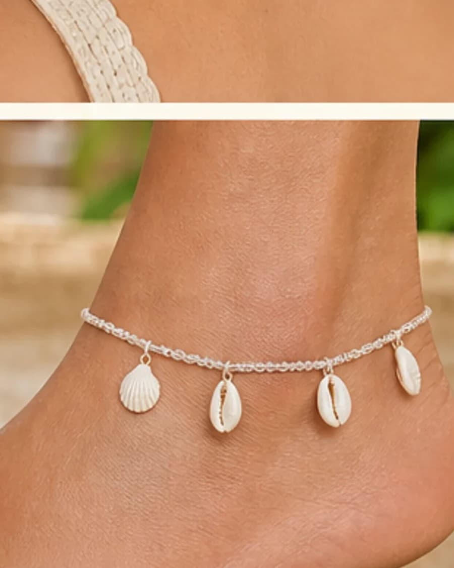 Shell Charm Anklet: front styling view on an adult Indian model