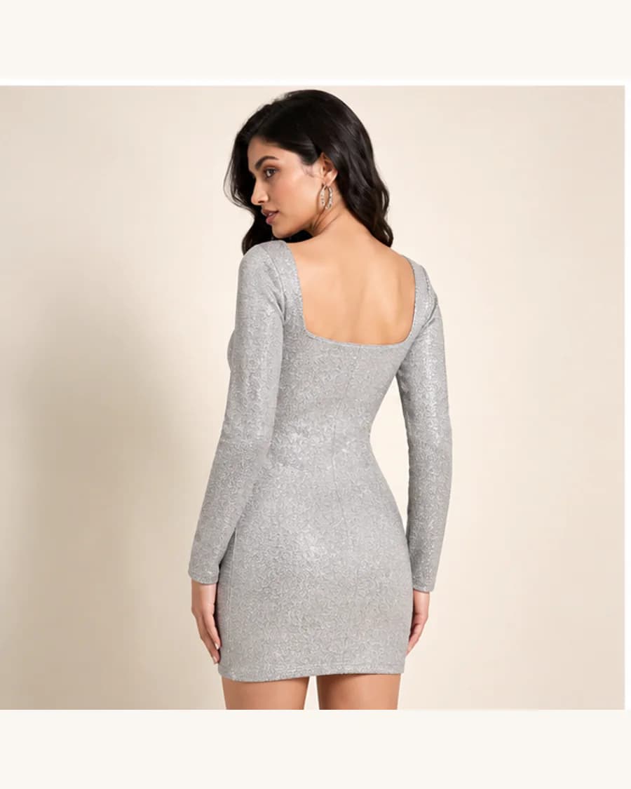 Silver Rooftop Shimmer Dress in Silver Tone: three-quarter styling view