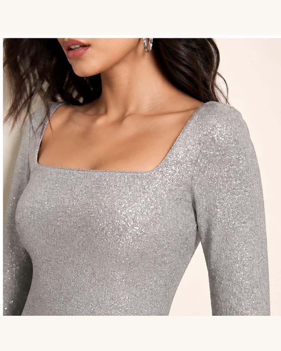 Silver Rooftop Shimmer Dress in Silver Tone: close-up detail view