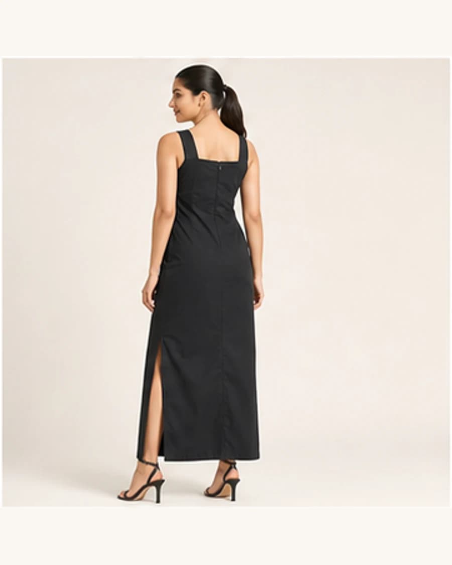 Solstice Column Maxi Dress: three-quarter styling view