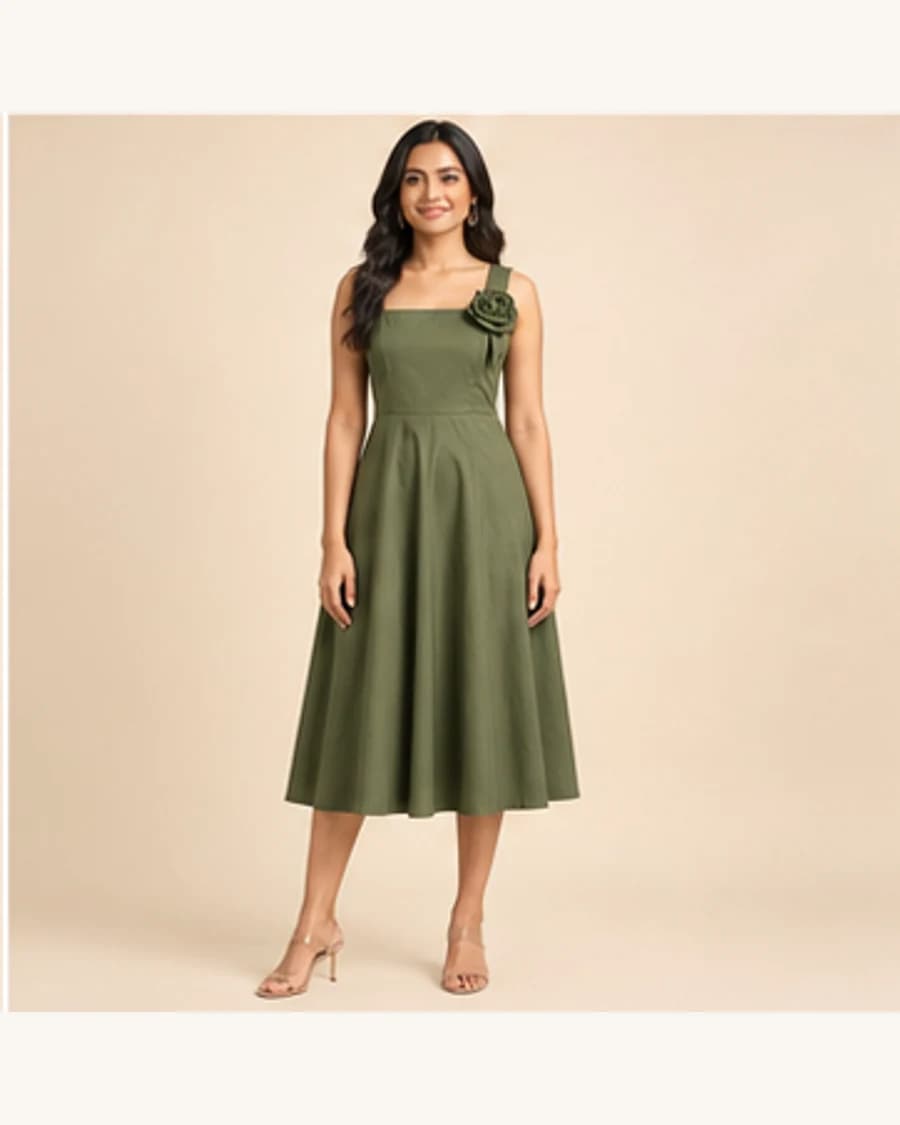 Solstice Corsage Midi Dress: front styling view on an adult Indian model