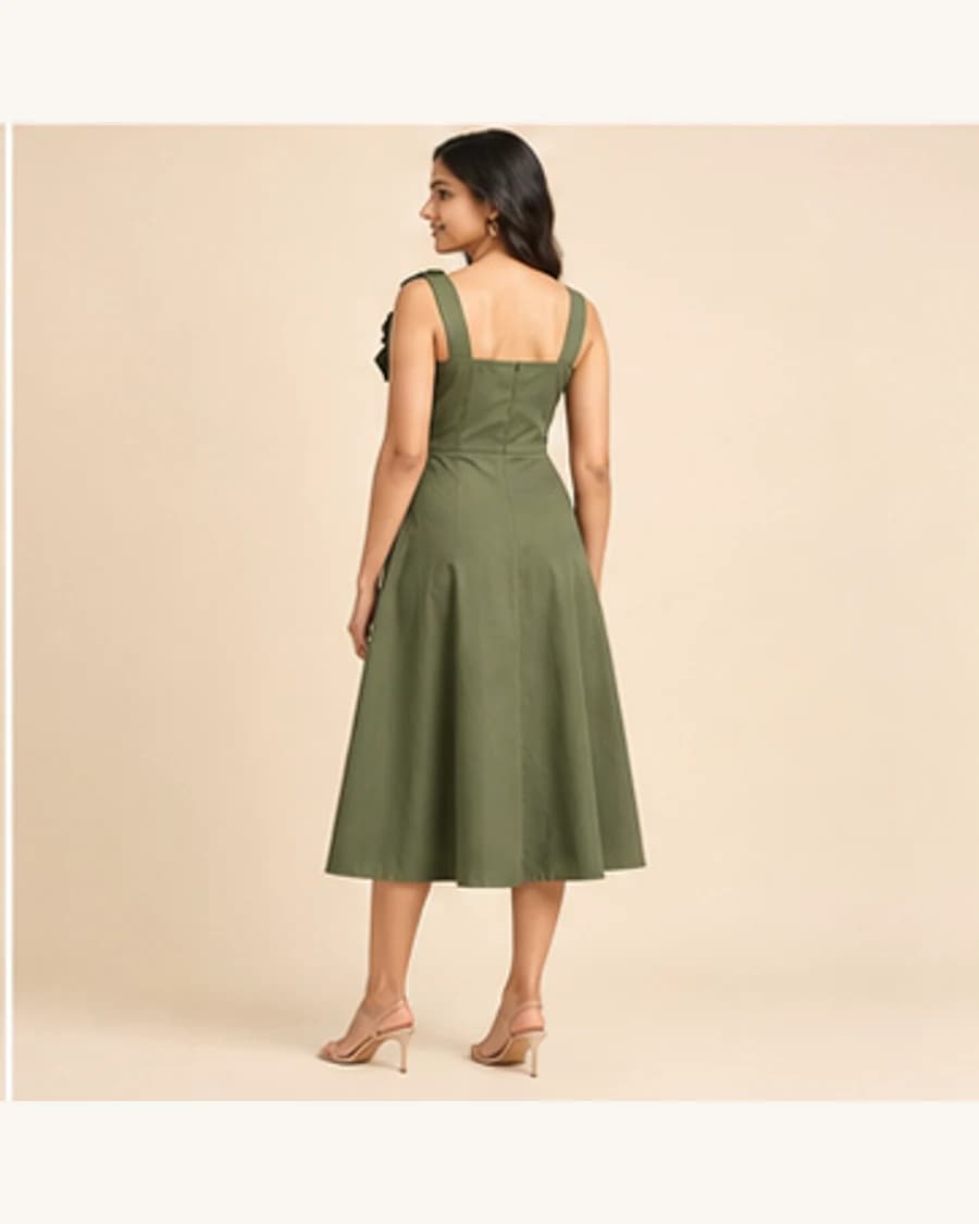 Solstice Corsage Midi Dress: three-quarter styling view