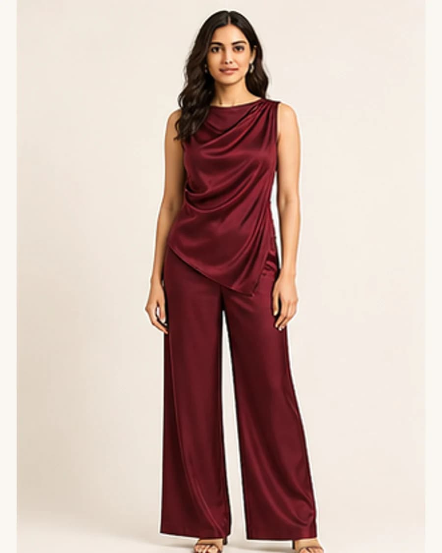 Solstice Drape Co Ord Set: front styling view on an adult Indian model