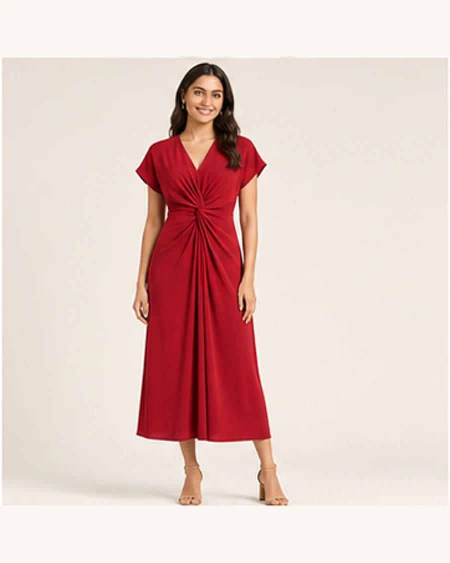 Solstice Knot Front Dress: front styling view on an adult Indian model
