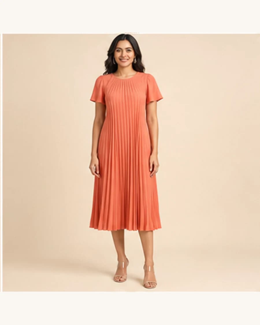 Solstice Pleat Dress: front styling view on an adult Indian model