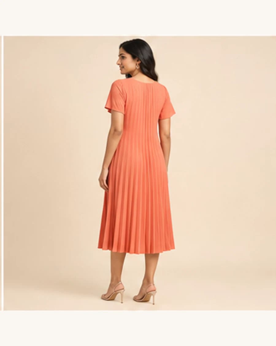 Solstice Pleat Dress: three-quarter styling view