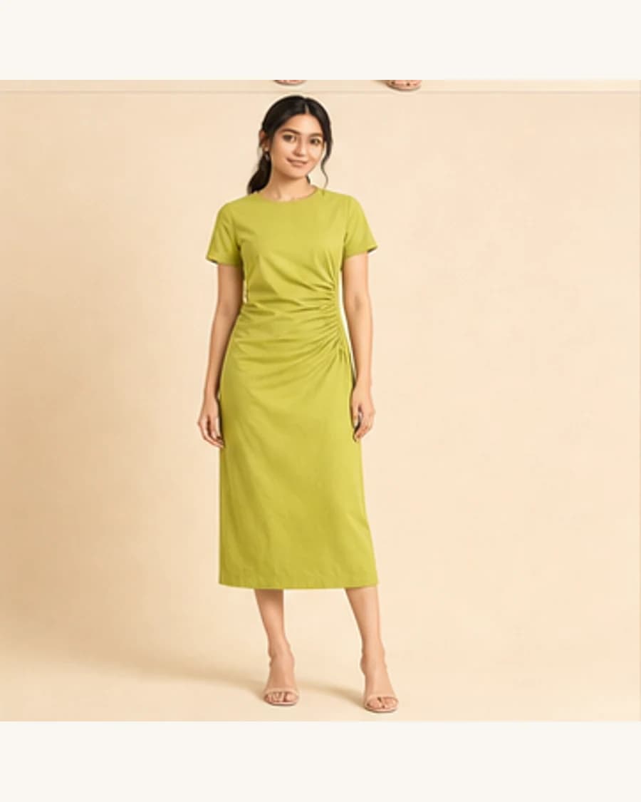 Solstice Ruched Midi Dress: front styling view on an adult Indian model