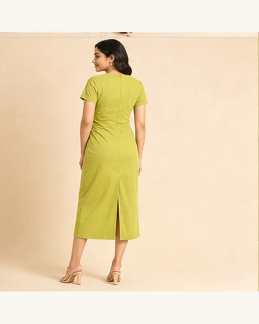 Solstice Ruched Midi Dress: three-quarter styling view