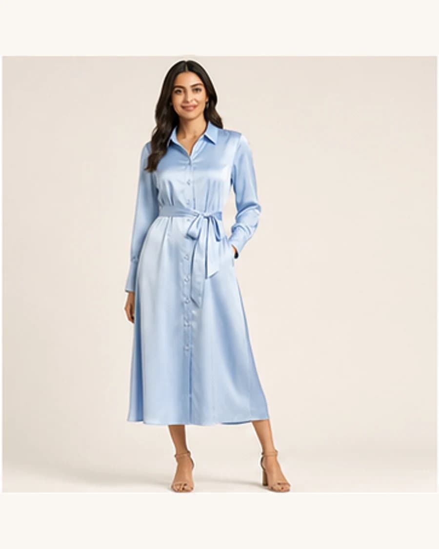 Solstice Shirt Dress: front styling view on an adult Indian model