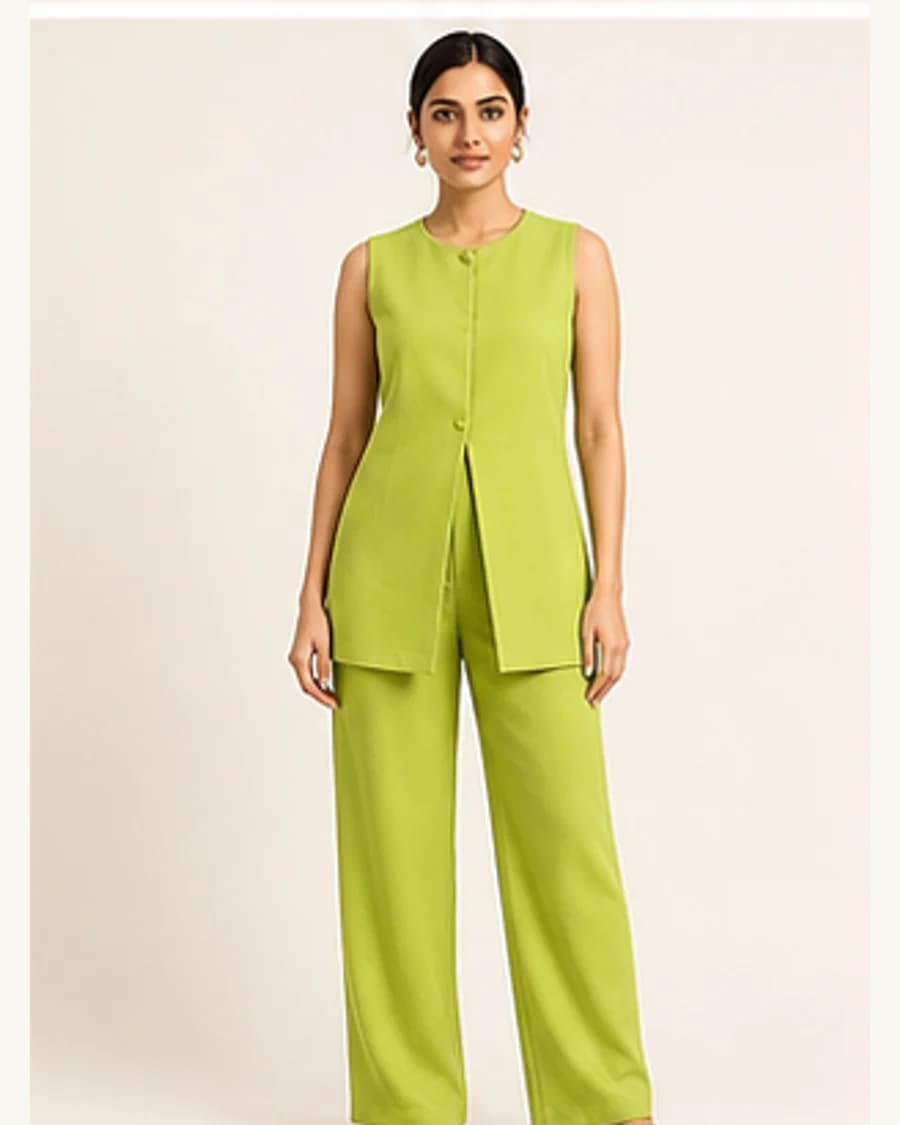 Solstice Tailored Co Ord Set: front styling view on an adult Indian model