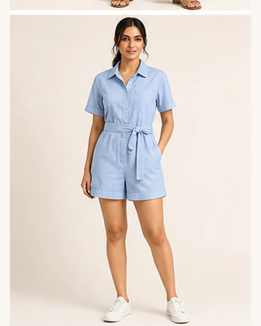 Solstice Weekend Playsuit: front styling view on an adult Indian model