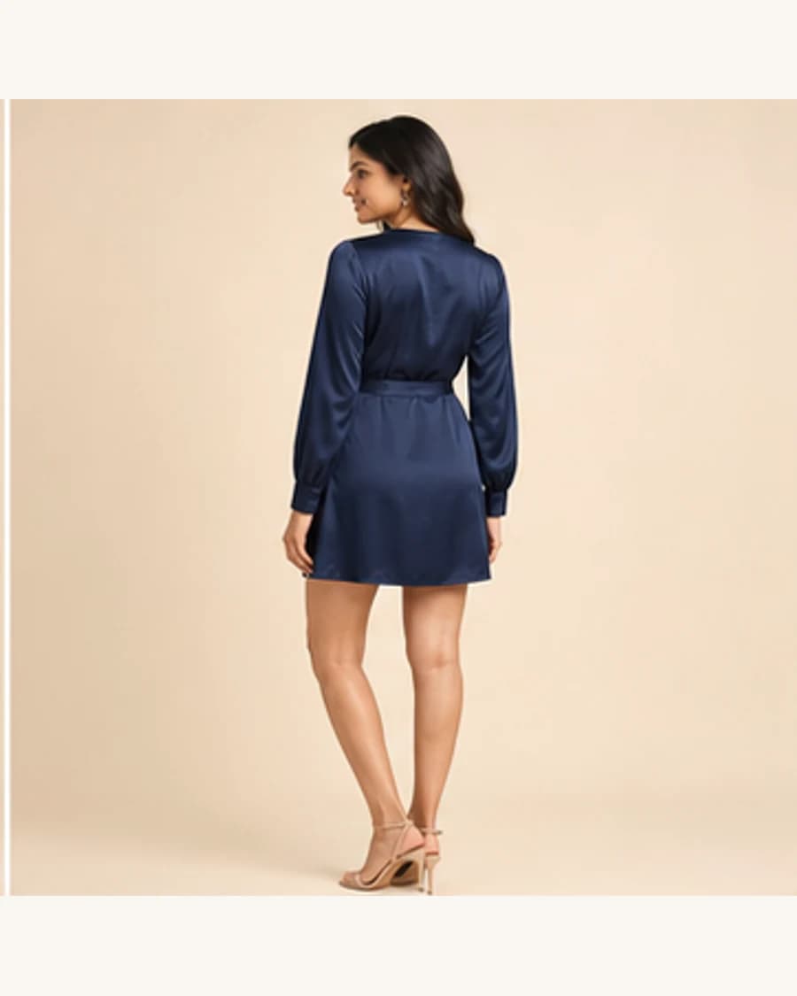 Solstice Wrap Mini Dress: three-quarter styling view