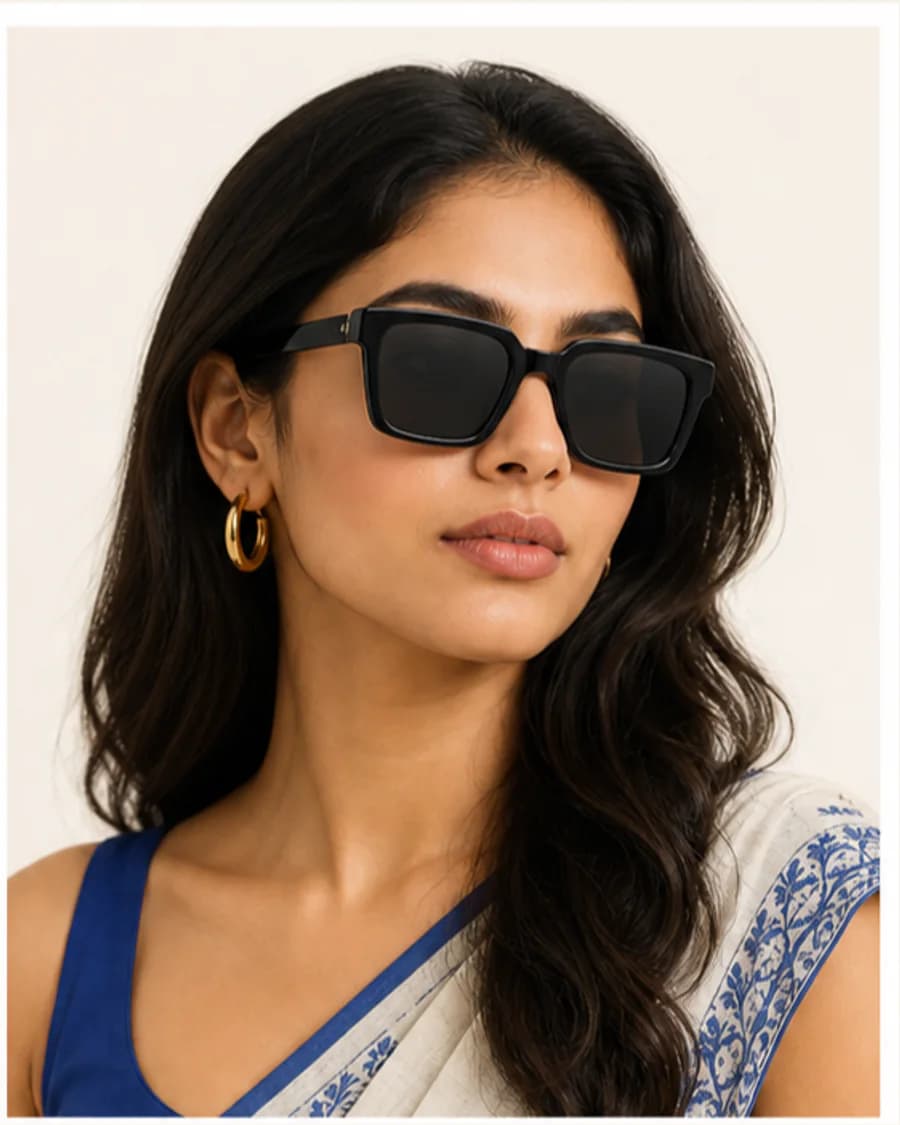 Square Sunglasses: front styling view on an adult Indian model