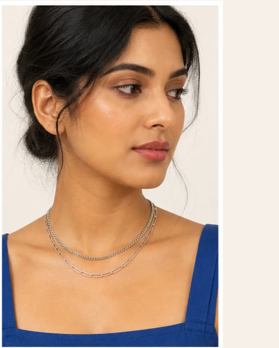 Stacked Chain Necklace: front styling view on an adult Indian model
