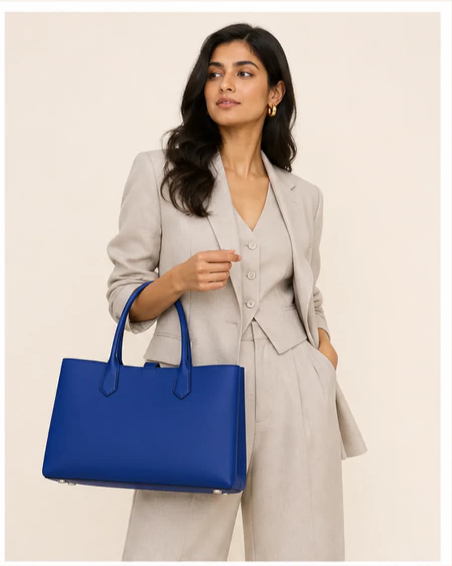 Structured Tote: front styling view on an adult Indian model