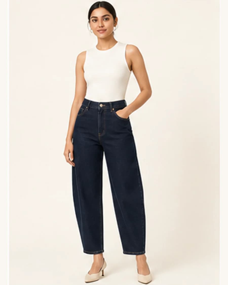 Studio Barrel Jean: front styling view on an adult Indian model