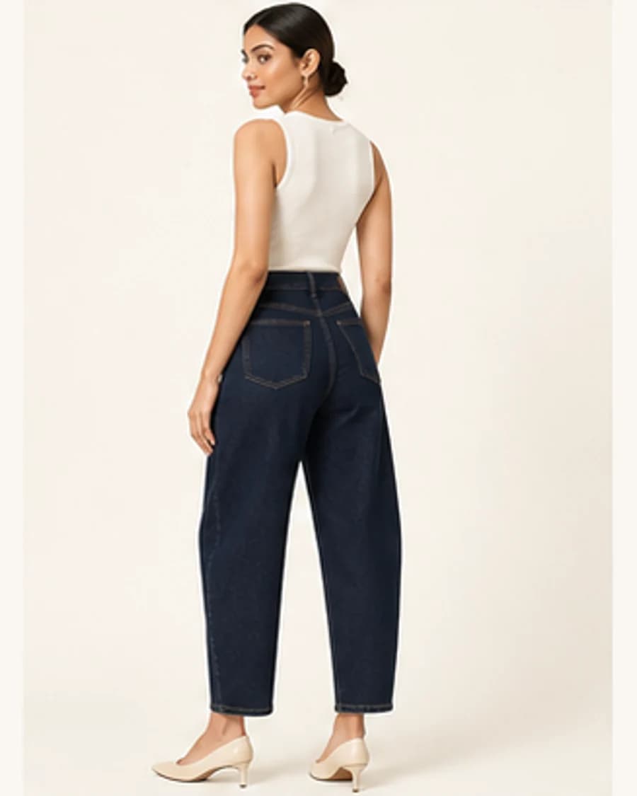 Studio Barrel Jean: three-quarter styling view