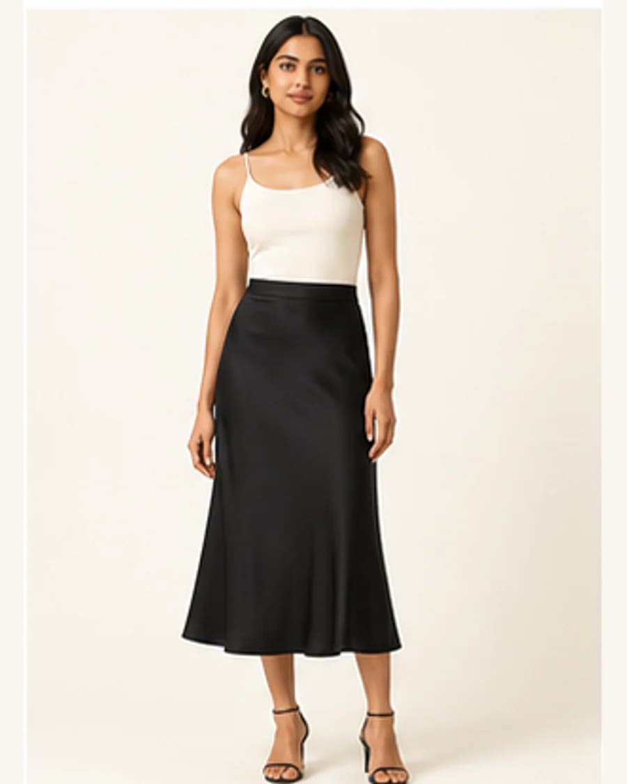 Studio Bias Midi Skirt: front styling view on an adult Indian model