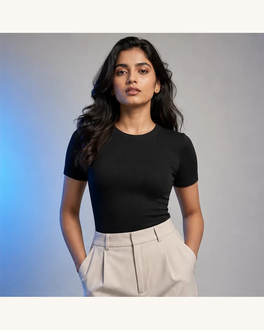 Studio Rib Crew Top: front styling view on an adult Indian model