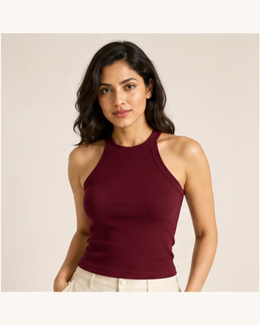 Studio Rib Halter Top: front styling view on an adult Indian model