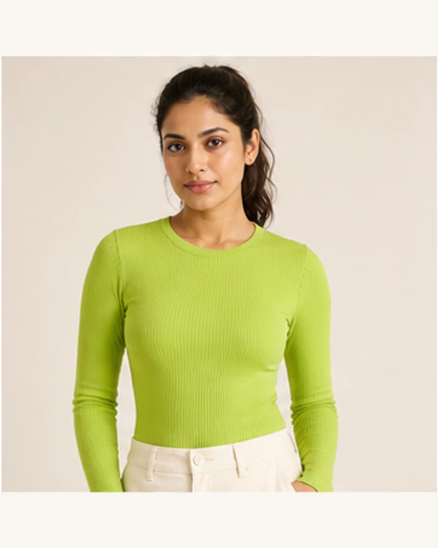 Studio Rib Long Sleeve Tee: front styling view on an adult Indian model