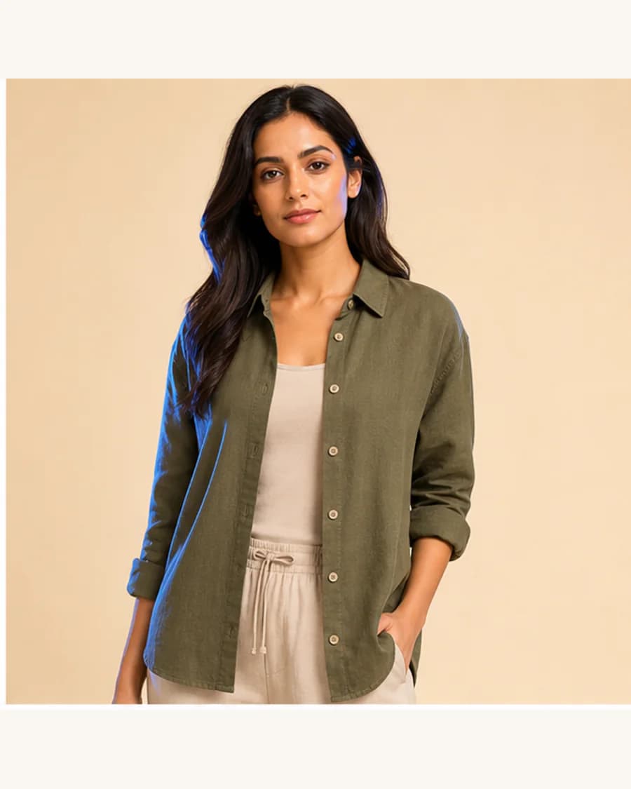 Studio Rib Relaxed Shirt: front styling view on an adult Indian model