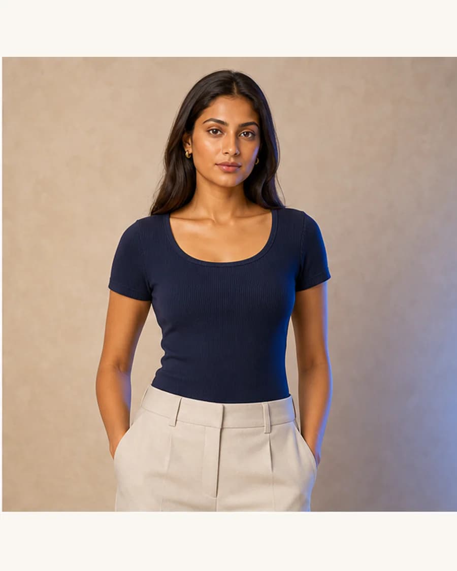 Studio Rib Scoop Top: front styling view on an adult Indian model