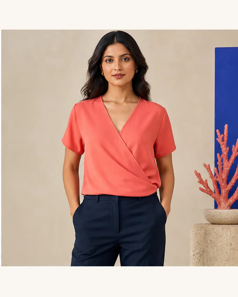 Studio Rib Wrap Blouse: front styling view on an adult Indian model