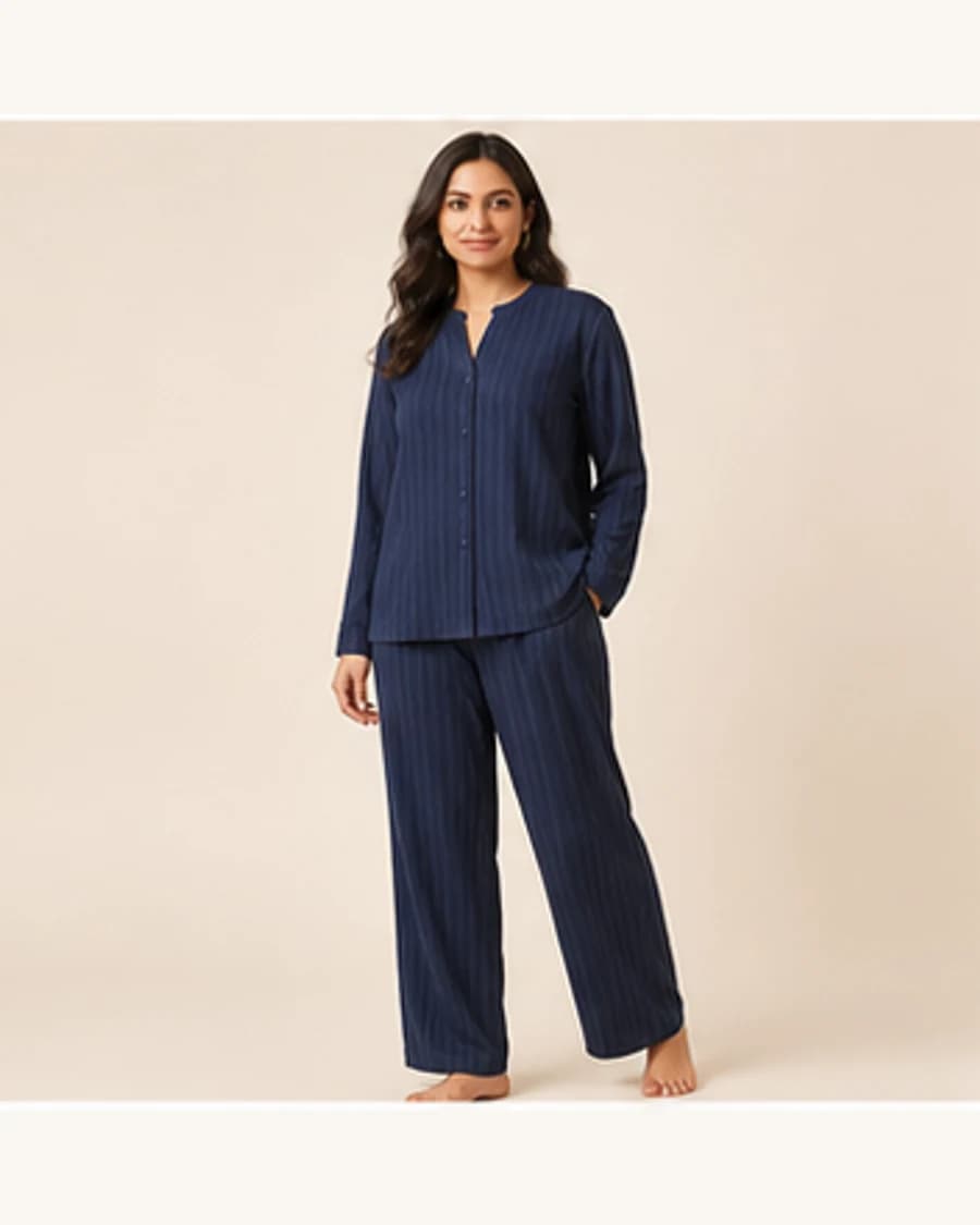 Sunday Relaxed Pyjama Set: front styling view on an adult Indian model