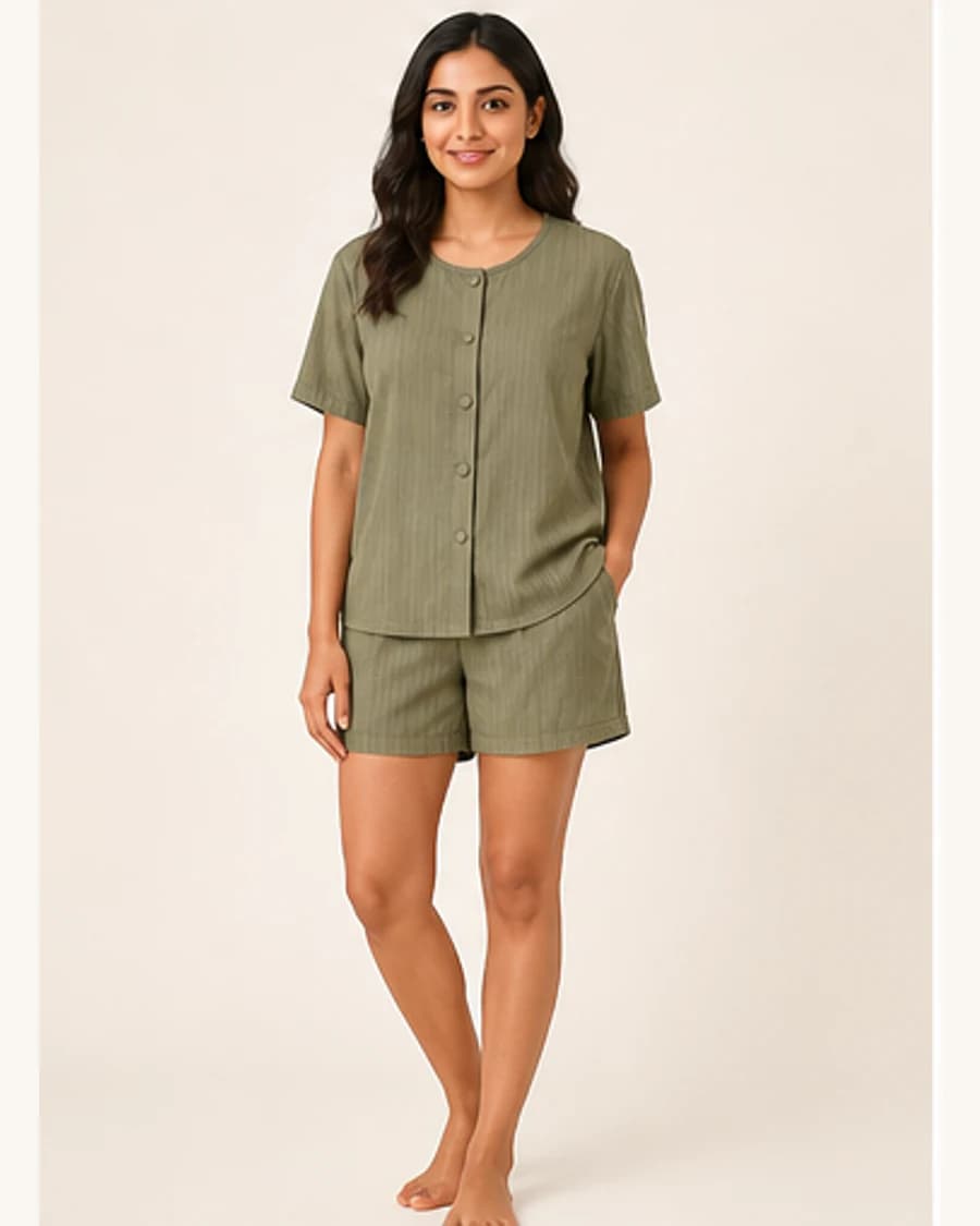 Sunday Sleep Short Set: front styling view on an adult Indian model