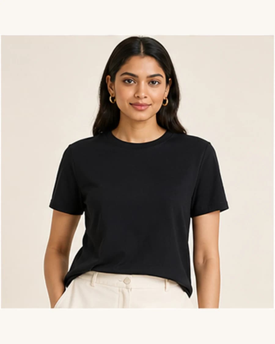 Sunday Soft Crew Top: front styling view on an adult Indian model