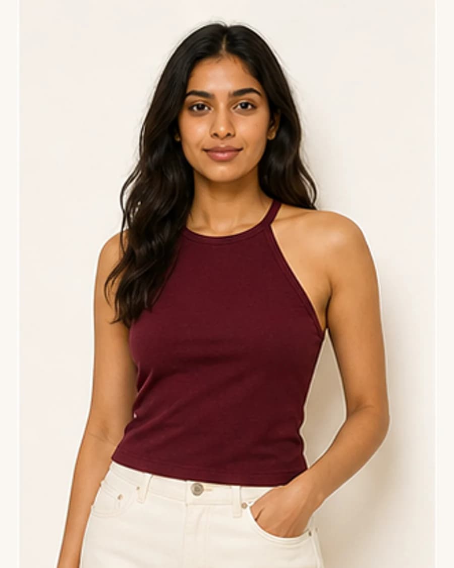 Sunday Soft Halter Top: front styling view on an adult Indian model