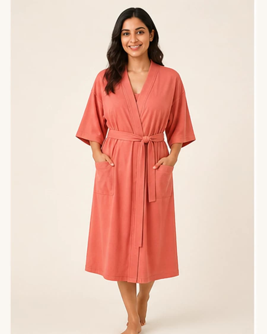 Sunday Soft Robe: front styling view on an adult Indian model