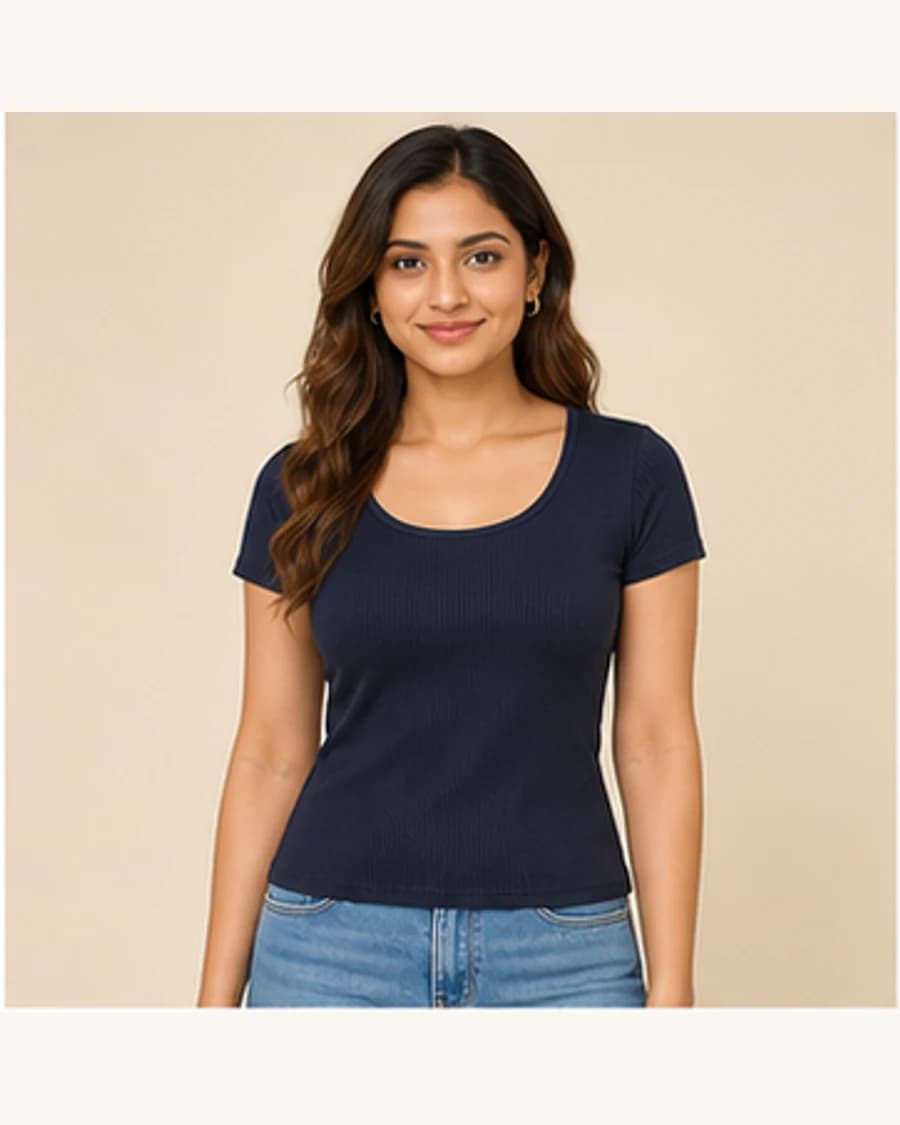 Sunday Soft Scoop Top: front styling view on an adult Indian model