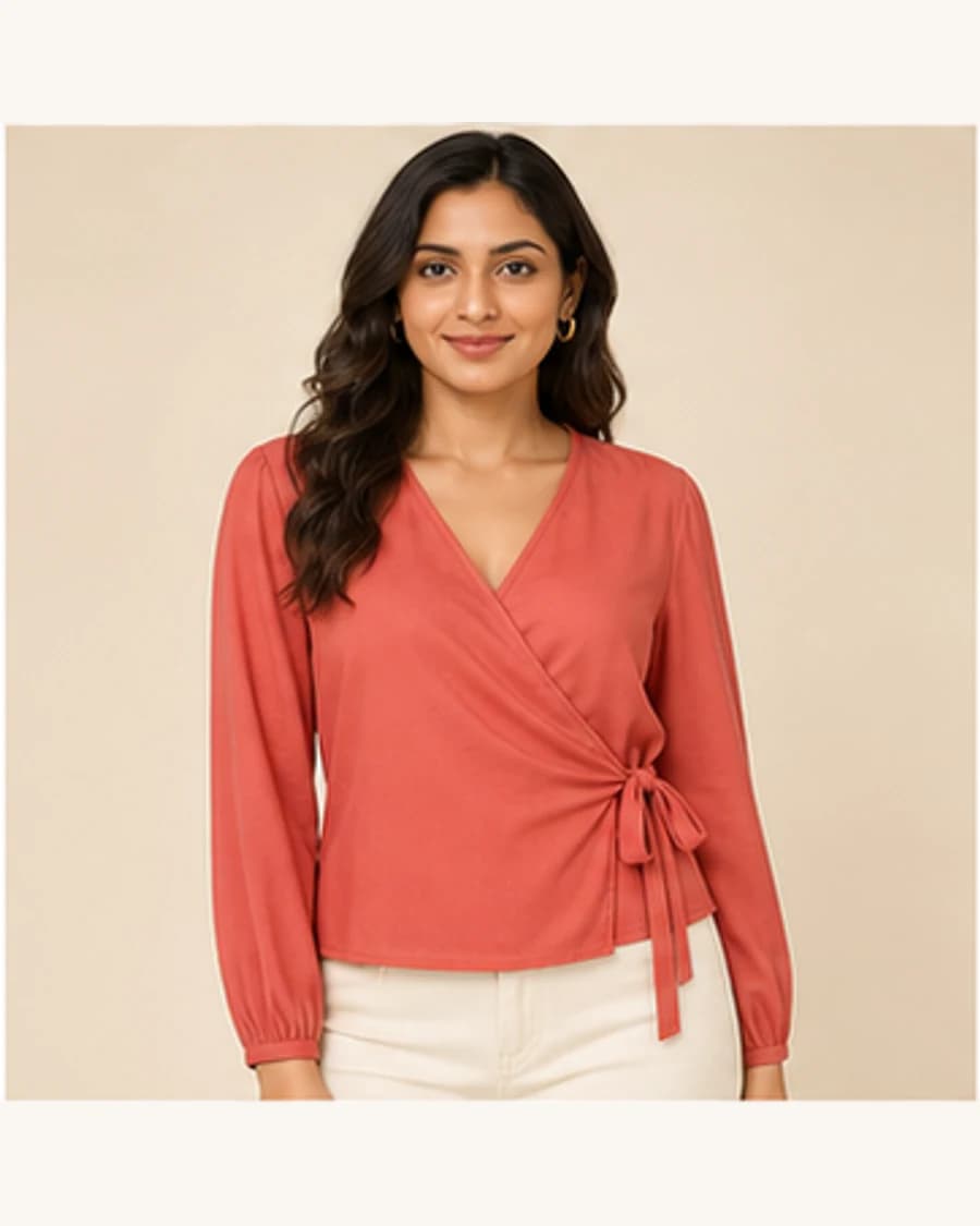 Sunday Soft Wrap Blouse: front styling view on an adult Indian model