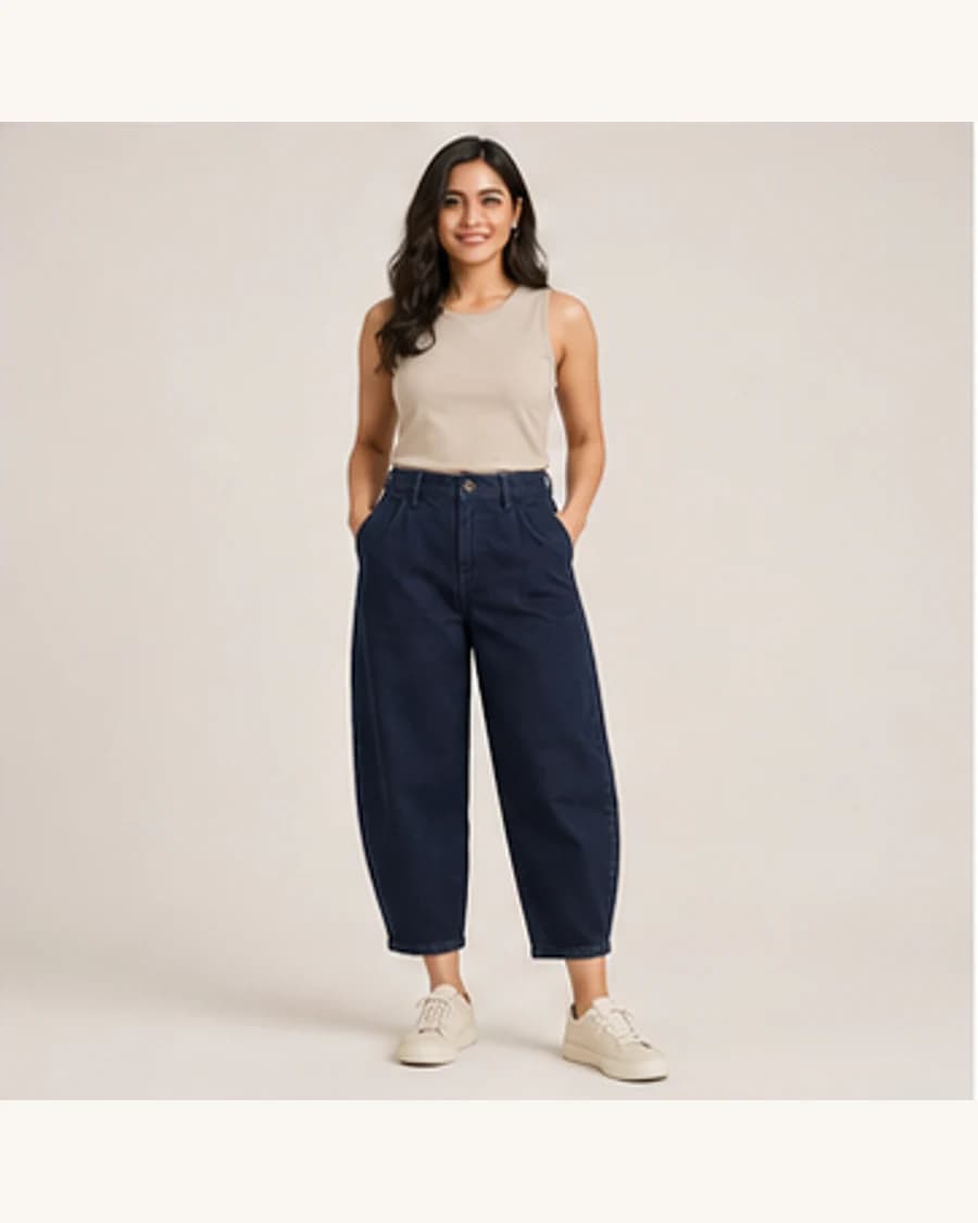 Terrain Barrel Jean: front styling view on an adult Indian model