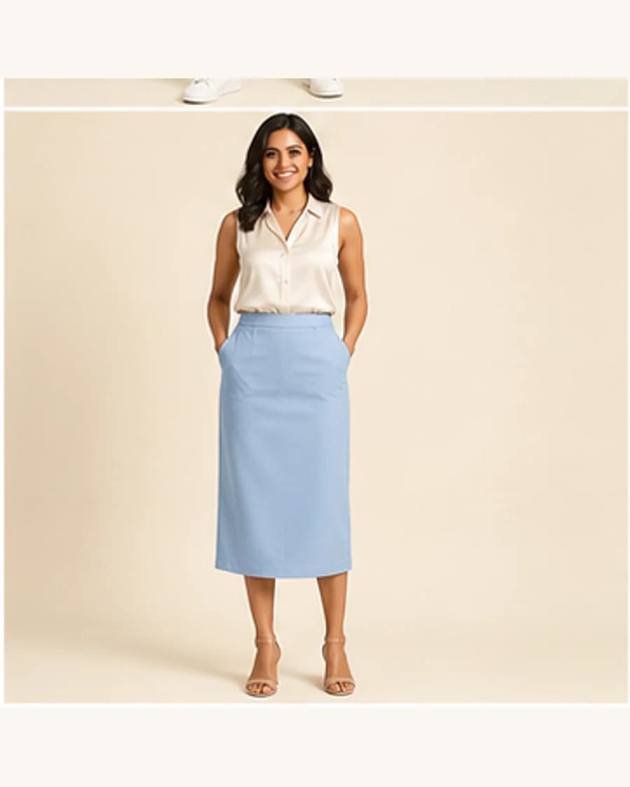 Terrain Column Skirt: front styling view on an adult Indian model